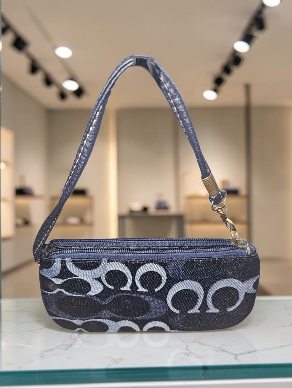 Coach Y2K Signature Denim Wristlet Leather Trim Oversized C Navy Blue